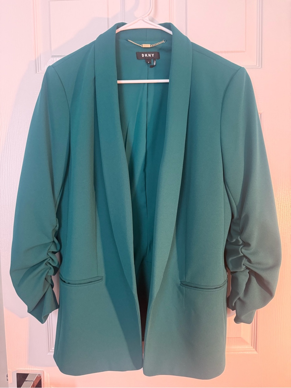 DKNY Teal Open-Front Blazer with Ruched Sleeves